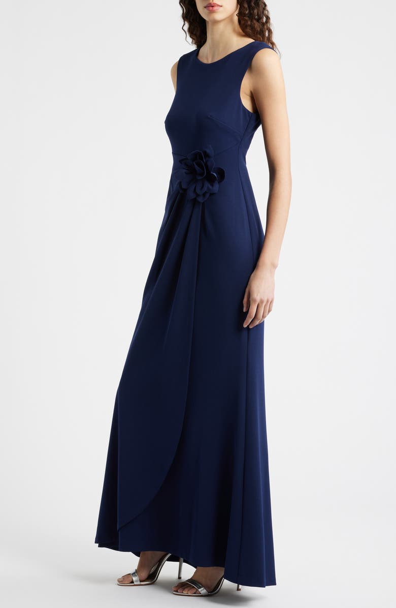 Connected Apparel Flower Appliqué Jersey Gown, Alternate, color, Navy