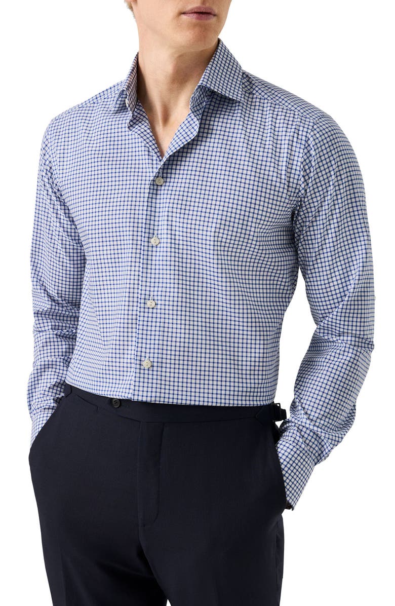 Eton Slim Fit Check Cotton Dress Shirt, Main, color, Medium Blue
