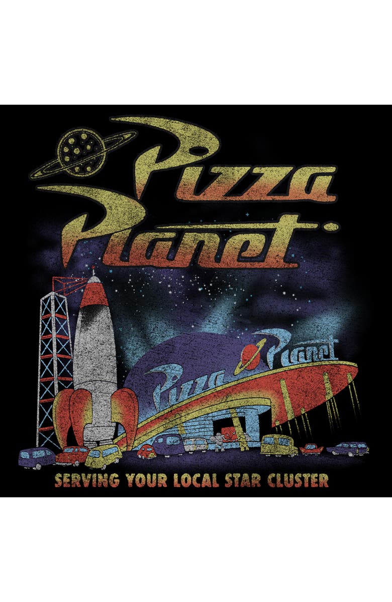 Toy Story Men's Toy Story Distressed Pizza Planet Star Cluster Graphic T-Shirt, Alternate, color, Black