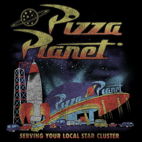 Toy Story Distressed Pizza Planet Star Cluster  Graphic T-shirt In Black