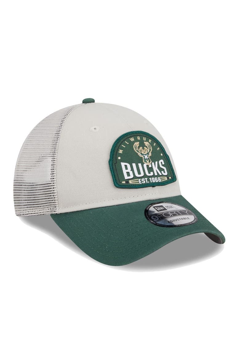 Men's New Era Khaki/Hunter Green Milwaukee Bucks Throwback Patch Trucker 9FORTY Adjustable Hat, Alternate, color, Khaki