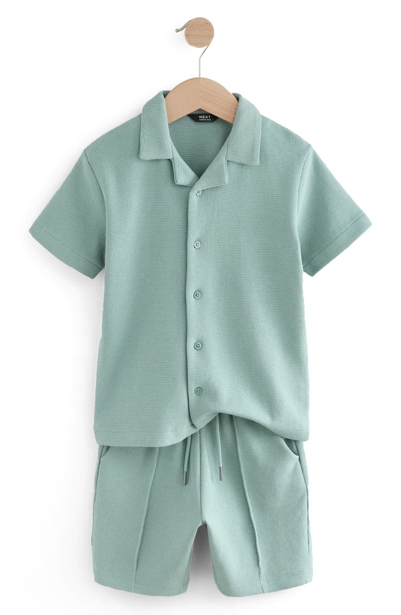 NEXT Kids' Waffle Knit Short Sleeve Cotton Button-Up Shirt & Shorts Set, Main, color, 