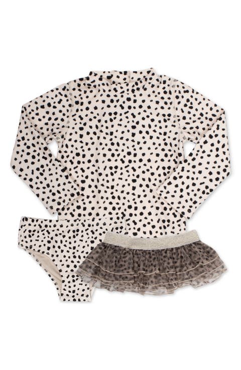 Kids' Leopard Print Long Sleeve Three-Piece Rashguard, Swim Bottoms & Tutu Set (Toddler & Little Girl)