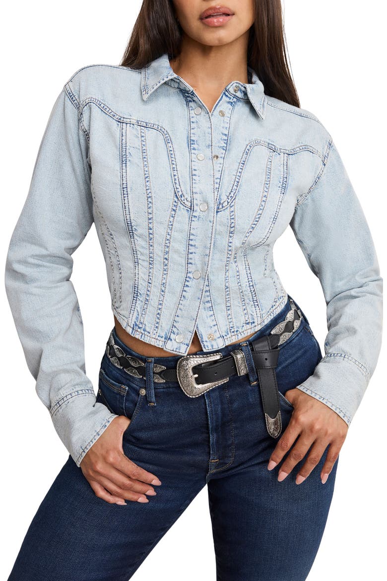 Dolly Denim Corset Shirt, Alternate, color, INDIGO1021