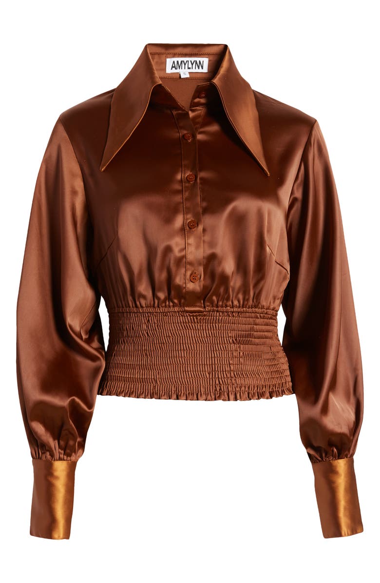 Amy Lynn Smocked Waist Satin Shirt, Alternate, color, 