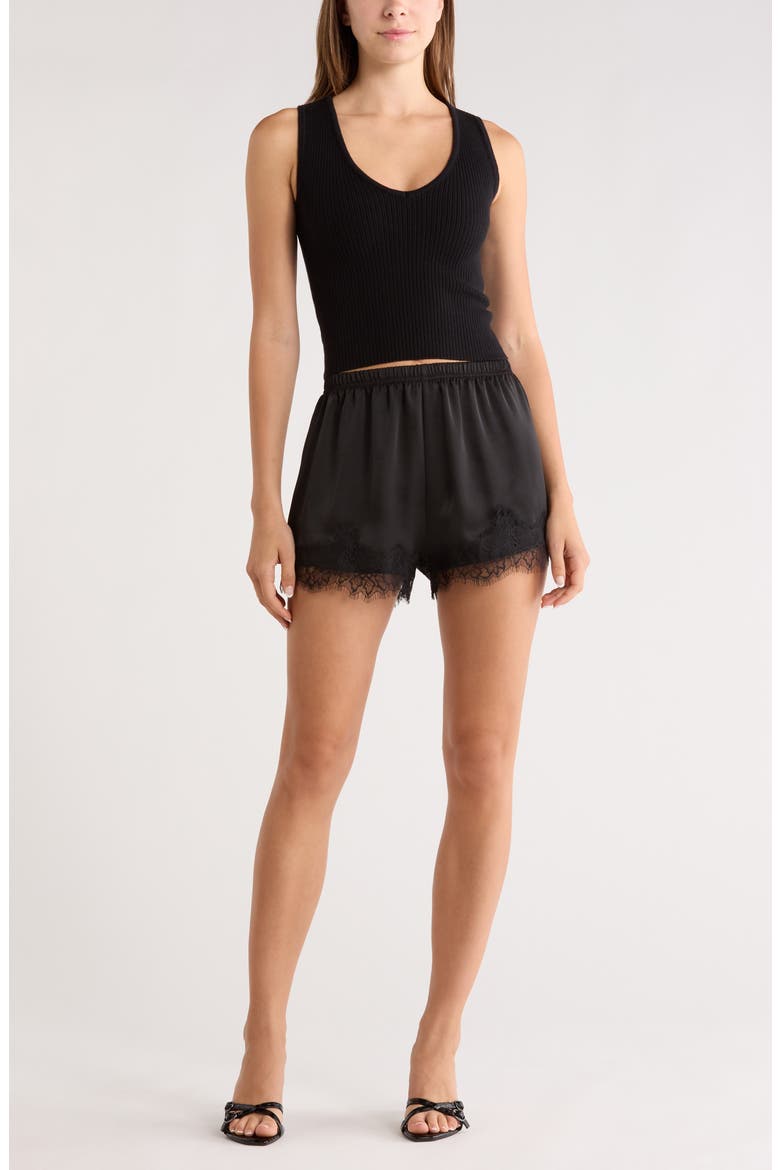 Lace Trim Satin Shorts, Main, color, BLACK