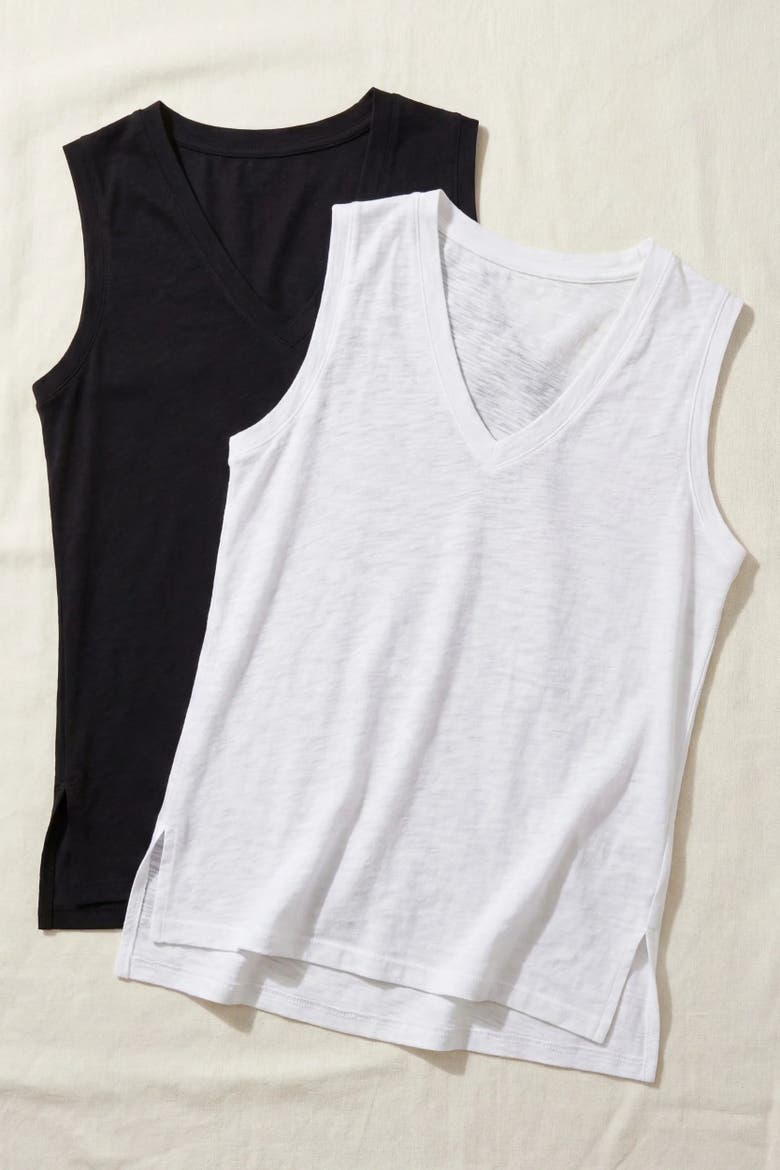 Slub Jersey V-Neck Sleeveless Tank, Alternate, color, Black