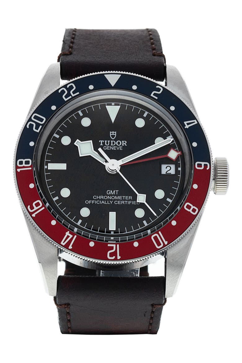 Tudor Preowned 2021 Black Bay GMT Automatic Leather Strap Watch, 41mm, Main, color, BLACK