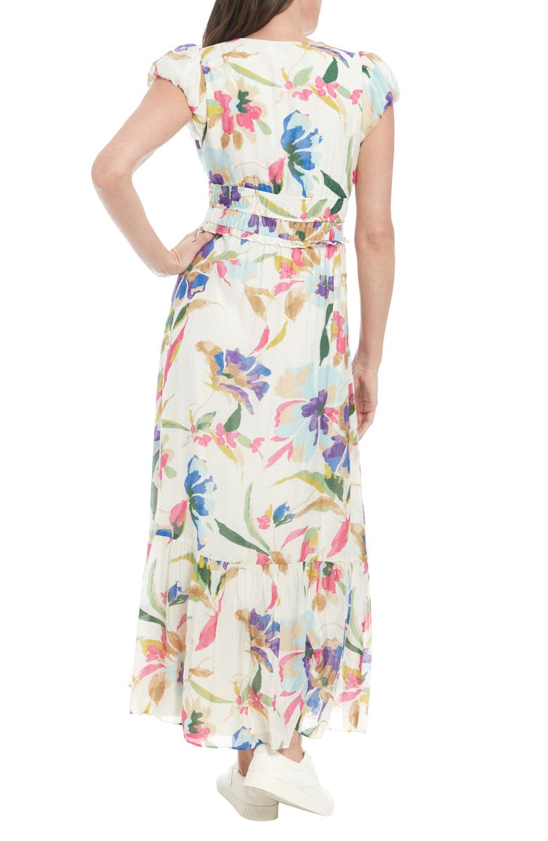 London Times Floral Cap Sleeve Empire Waist Chiffon Maxi Dress, Alternate, color, White/ Pink/ Purple