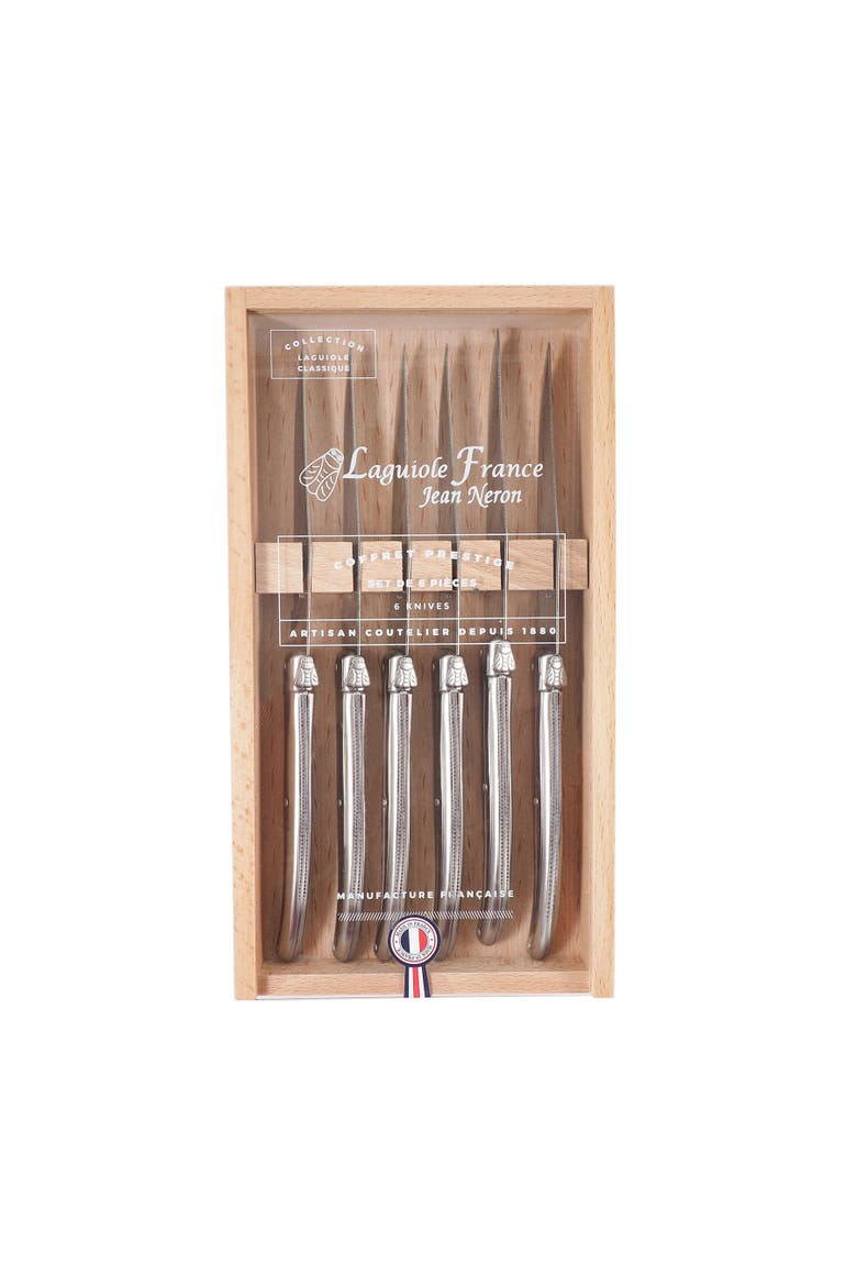 Platine 6 Piece Steak Knife Set in Wood Box with Acrylic Lid, Alternate, color, Platine Stainless Steel