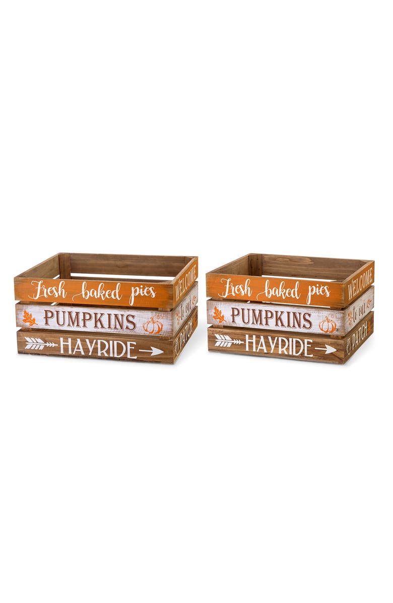 Glitzhome Set of 2 Wooden Pumpkin Crates Table Decor, Main, color, 