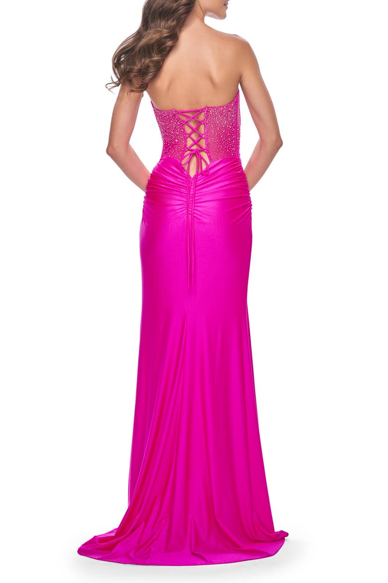 Neon Rhinestone Bustier Prom Dress with Ruching, Alternate, color, Hot Fuchsia