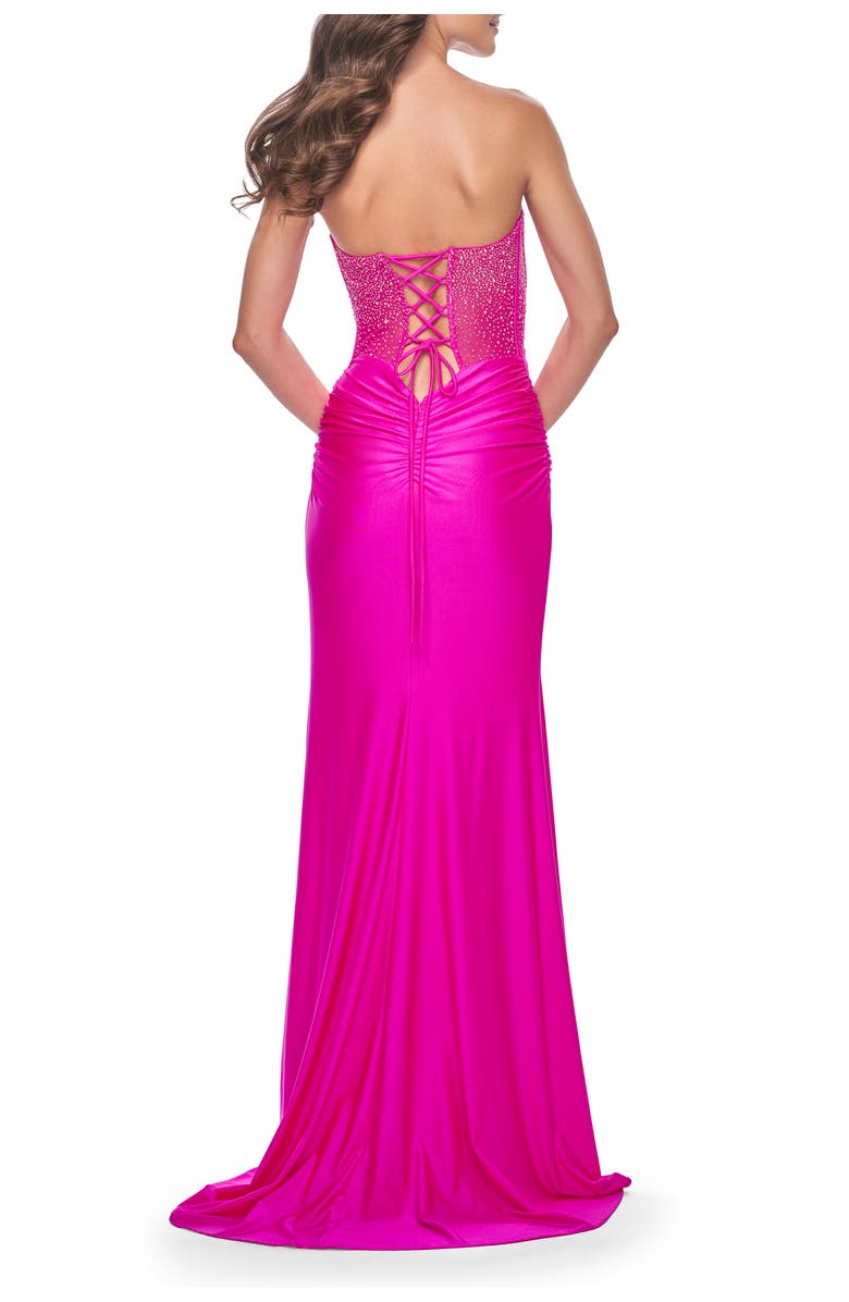 La Femme Neon Rhinestone Bustier Prom Dress with Ruching, Alternate, color, Hot Fuchsia