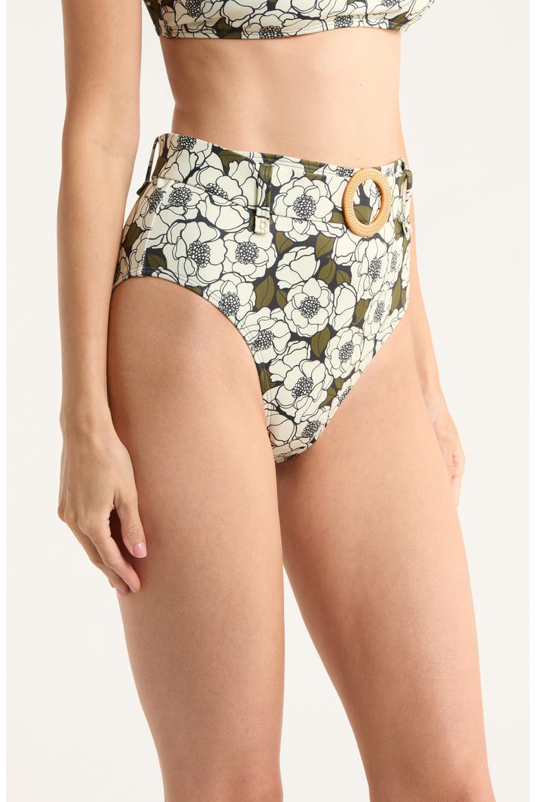 Conny O-Ring High Waist Bikini Bottoms, Alternate, color, BLCK OLIVE FLT OUTLINE POPPIES