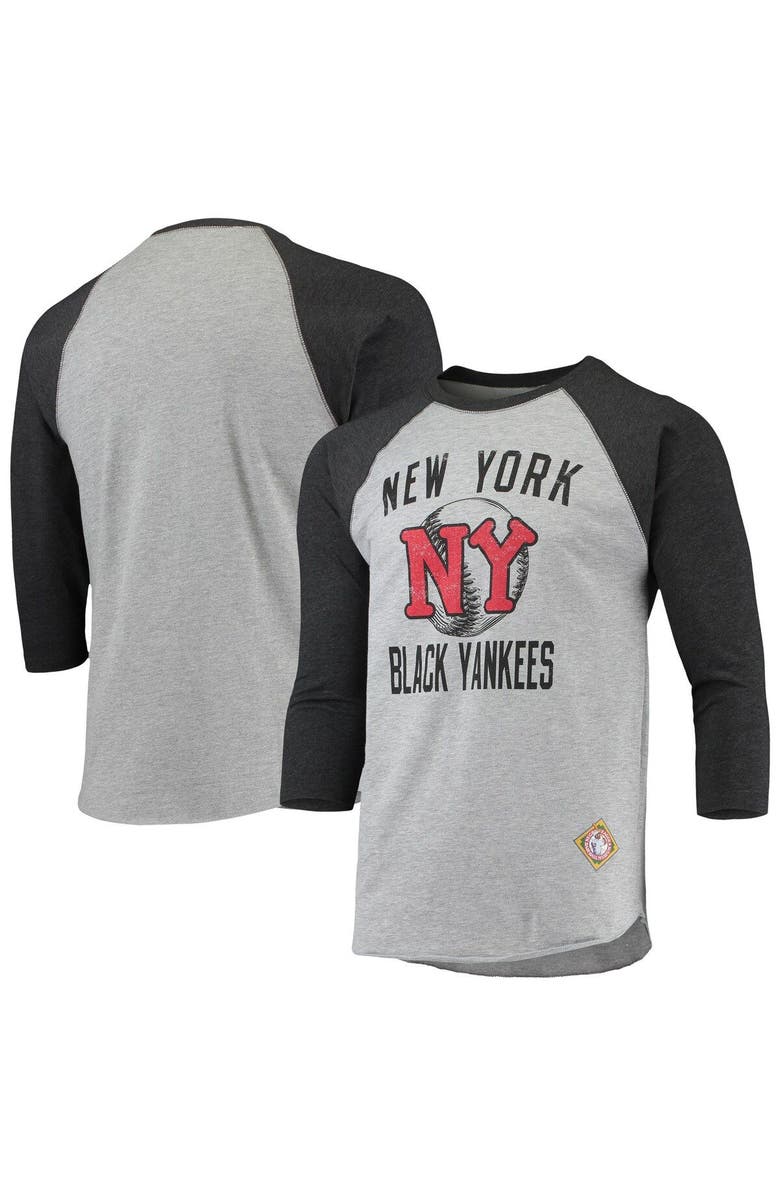 STITCHES Men's Stitches Heathered Gray/Black New York Black Yankees Negro League Wordmark Raglan 3/4-Sleeve T-Shirt, Main, color, Heather Gray