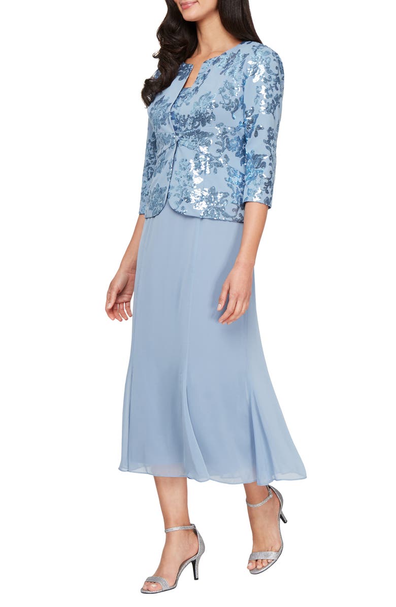 Alex Evenings Sequin Detail Cocktail Midi Dress with Jacket, Alternate, color, Dusty Blue