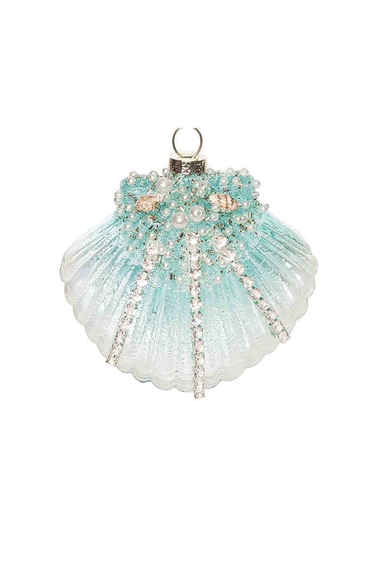3.54" Glass & Pearls Aqua Fan Sea Shell Hanging Ornament, Alternate, color, Green