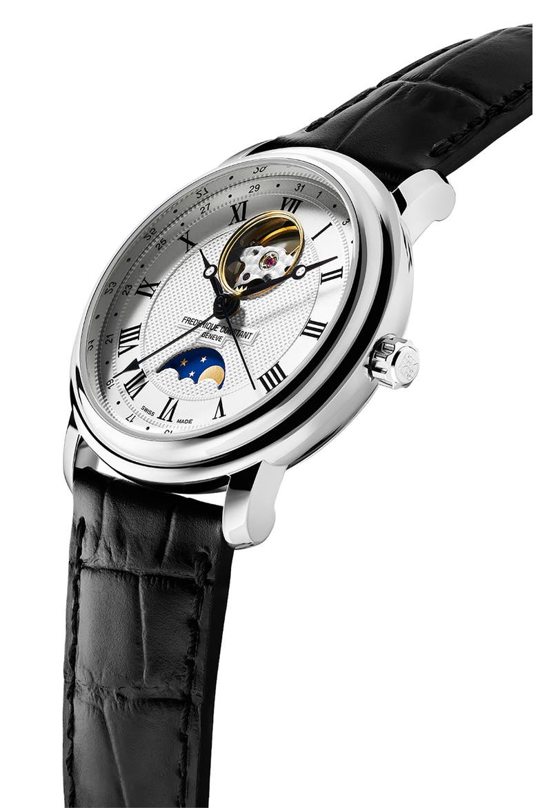 Classics Heartbeat Moon Phase Leather Strap Watch, 40mm, Alternate, color, SILVER-TONE