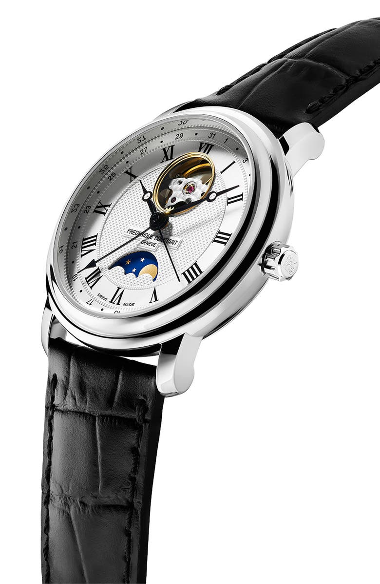 FREDERIQUE CONSTANT Classics Heartbeat Moon Phase Leather Strap Watch, 40mm, Alternate, color, Silver-Tone