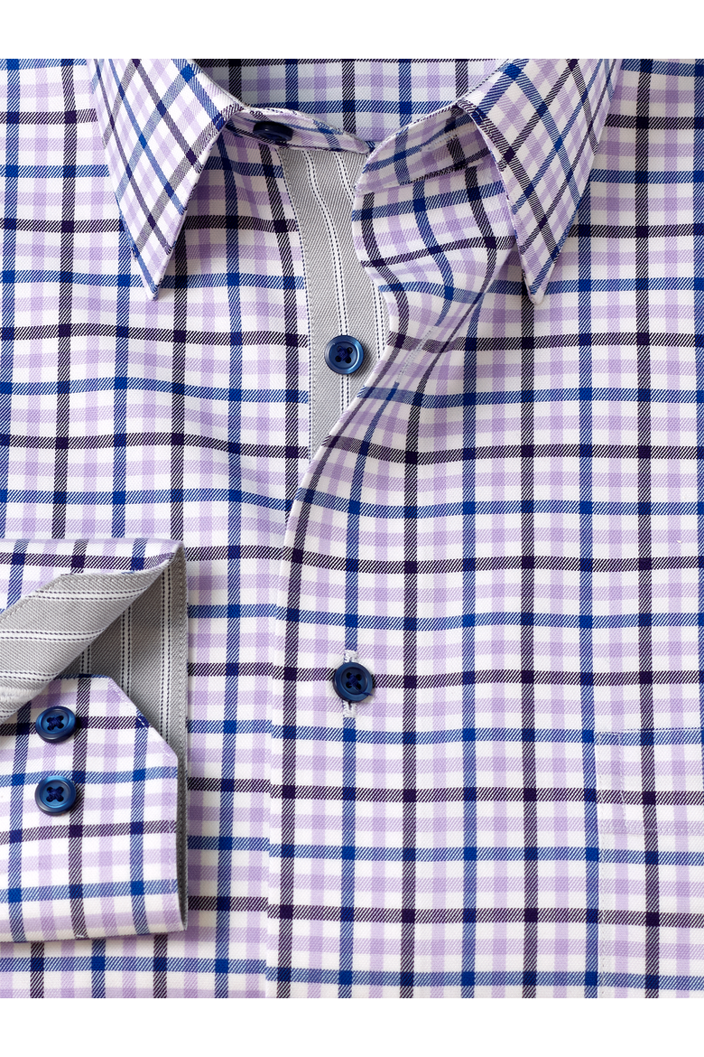 Cotton Poly Spandex Point Collar Twill Slim Contrast Trim Button Cuff Long Sleeve, Alternate, color, Purple/Blue