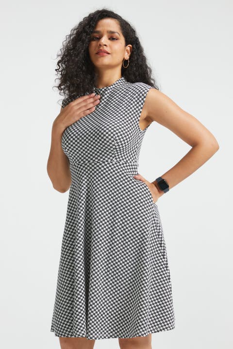Mock Neck Fit and Flare Catstooth Dress