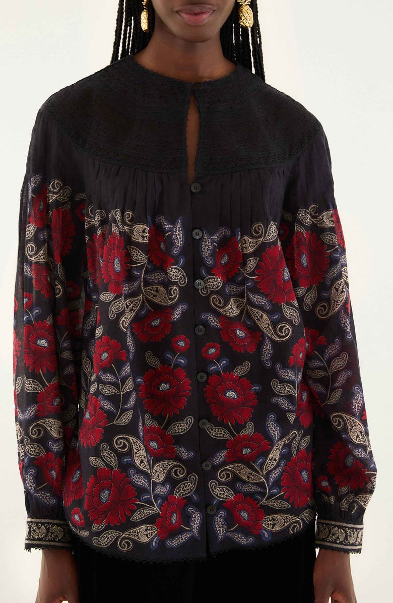 FARM Rio Valentina Floral Cotton Button-Up Shirt, Main, color, Valentina Black