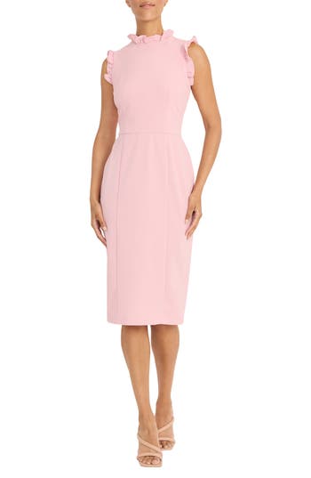 Maggy London Ruffle Mock Neck Sheath Dress In Shell Pink