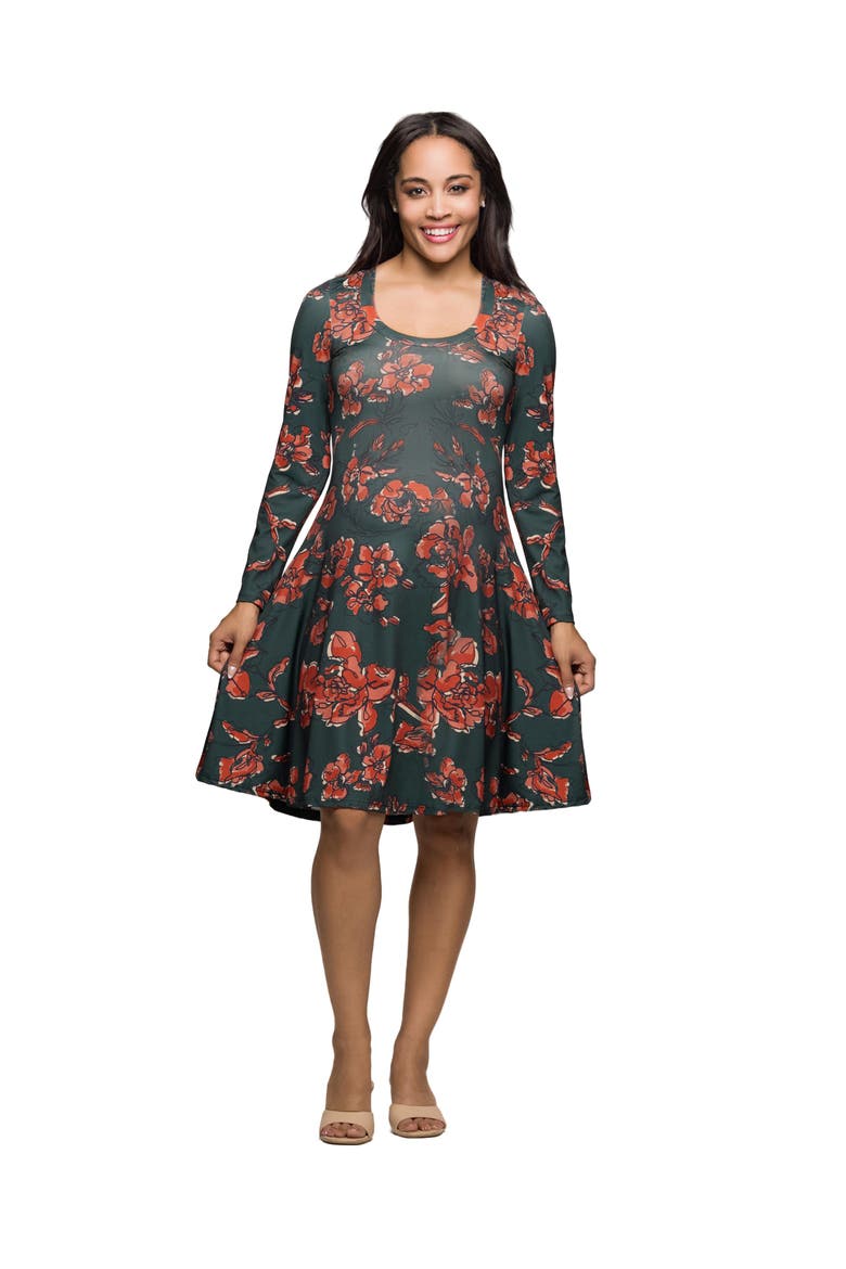 Long Sleeve Fit and Flare Dress in Floral Print, Main, color, Orange Multi