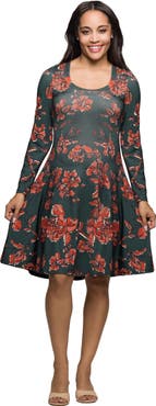 24seven Comfort Apparel Long Sleeve Fit and Flare Dress in Floral Print