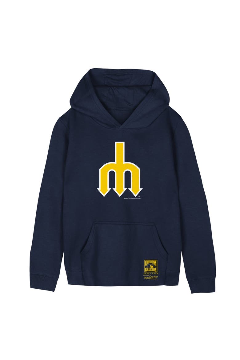 Youth Mitchell & Ness Navy Seattle Mariners Retro Logo Hoodie, Main, color, Navy