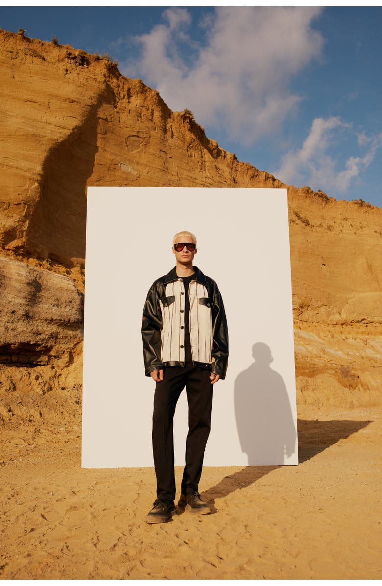 PCFG Silk & Linen Blend Free Heaven Kutnia Striped Vegan Leather Jacket, Alternate, color, Black-Beige