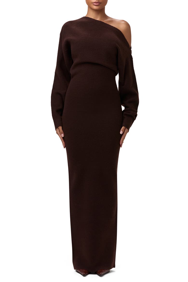 One-Shoulder Long Sleeve Maxi Sweater Dress, Main, color, DARK CHOCOLATE