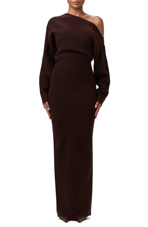 One-Shoulder Long Sleeve Maxi Sweater Dress