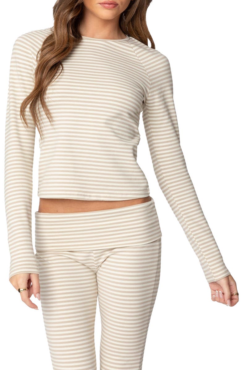 EDIKTED Kaeli Stripe Long Sleeve T-Shirt, Main, color, Beige