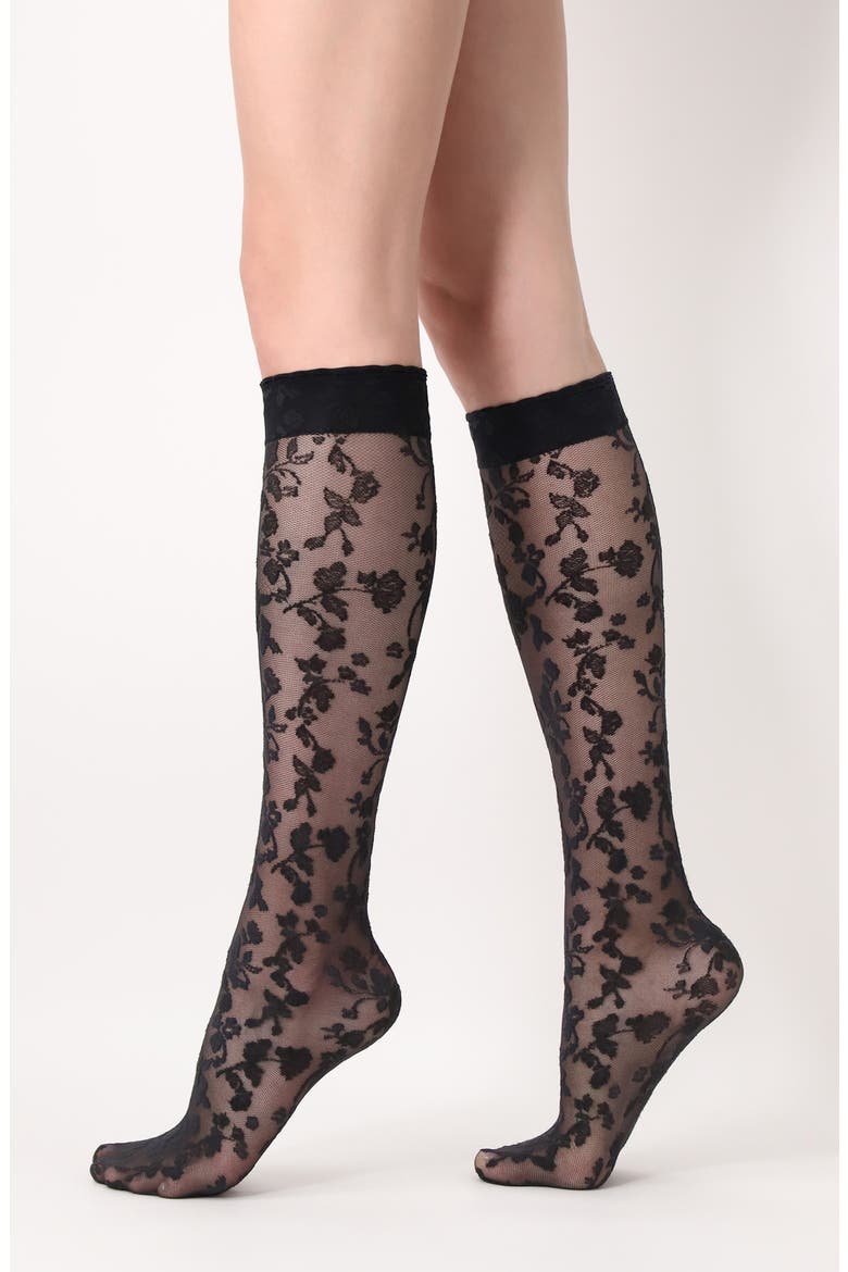 Shaded Roses Sheer Lace Knee High Socks, Main, color, BLACK/ BLACK