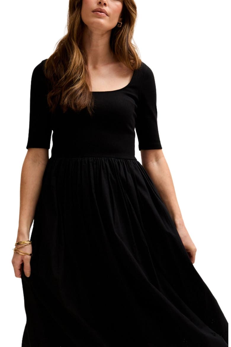 Sydney Short Sleeve Jersey Bodice Embroidered Midi Dress, Alternate, color, Black