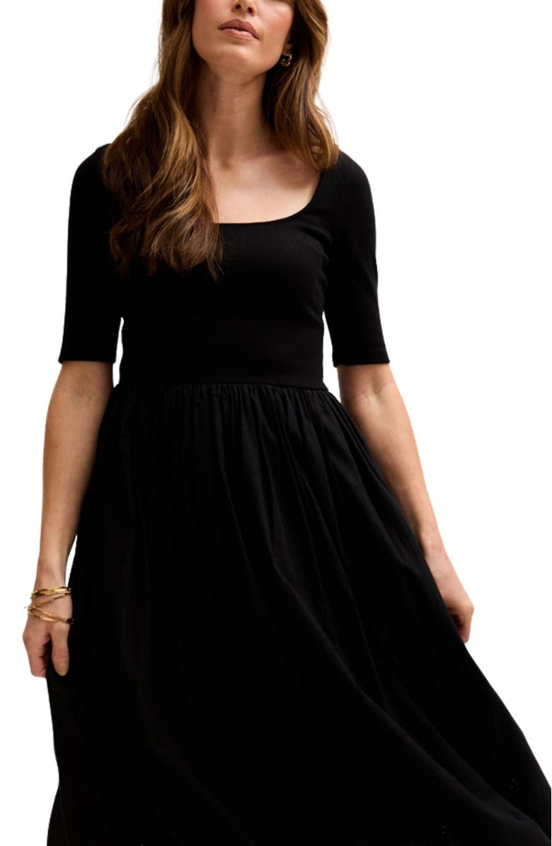 LILY AND LIONEL Sydney Short Sleeve Jersey Bodice Embroidered Midi Dress, Alternate, color, Black