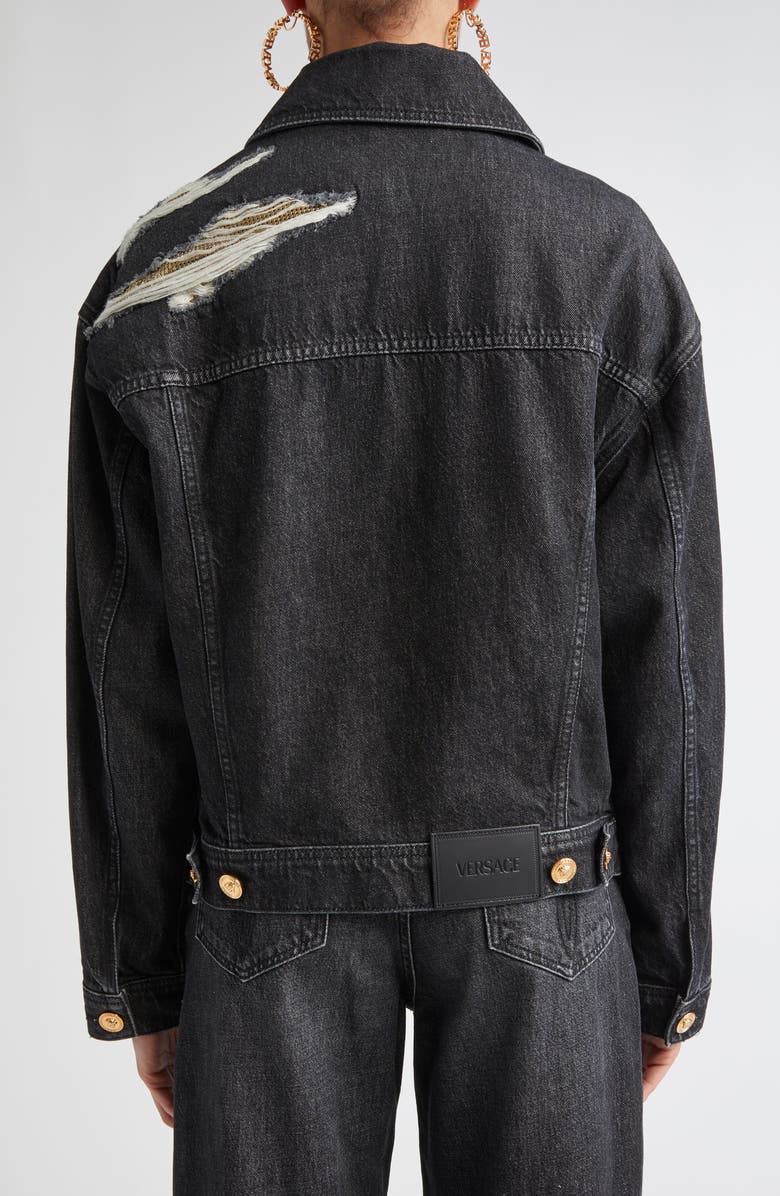 Versace Rip & Repair Denim Trucker Jacket, Alternate, color, Black