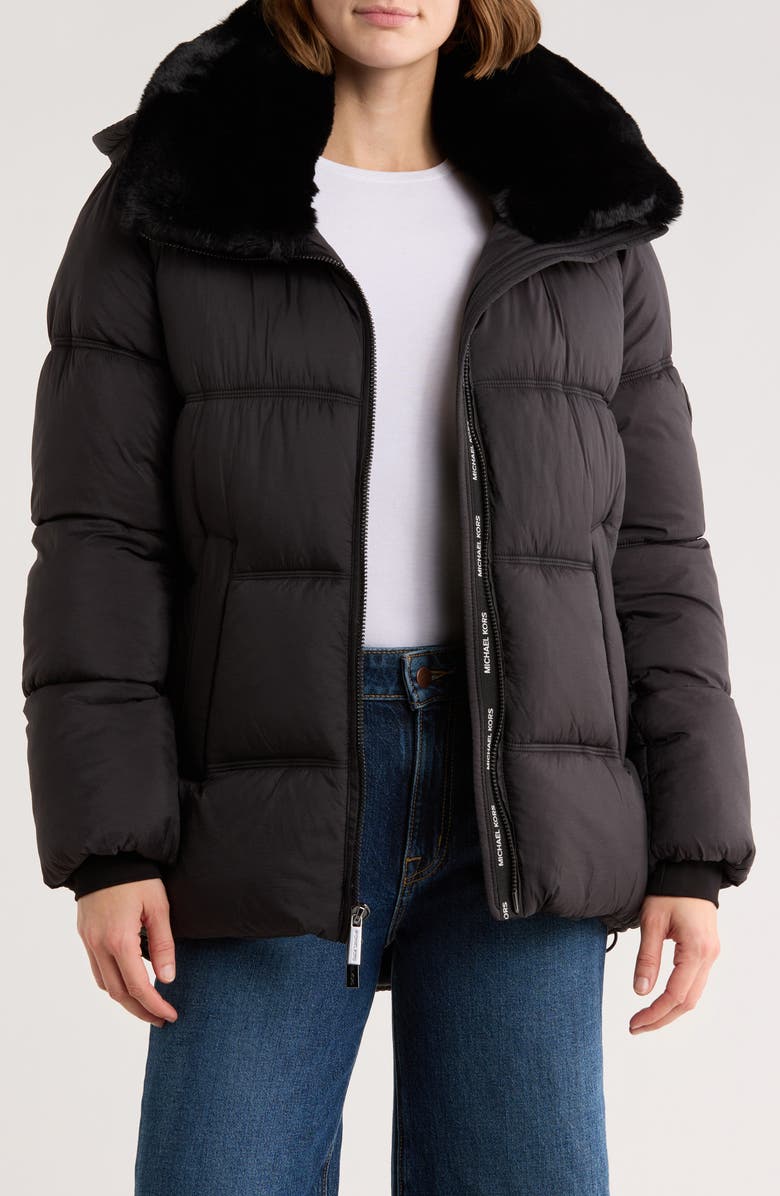 Michael Kors Faux Fur Trim Hooded Puffer Jacket, Alternate, color, Black