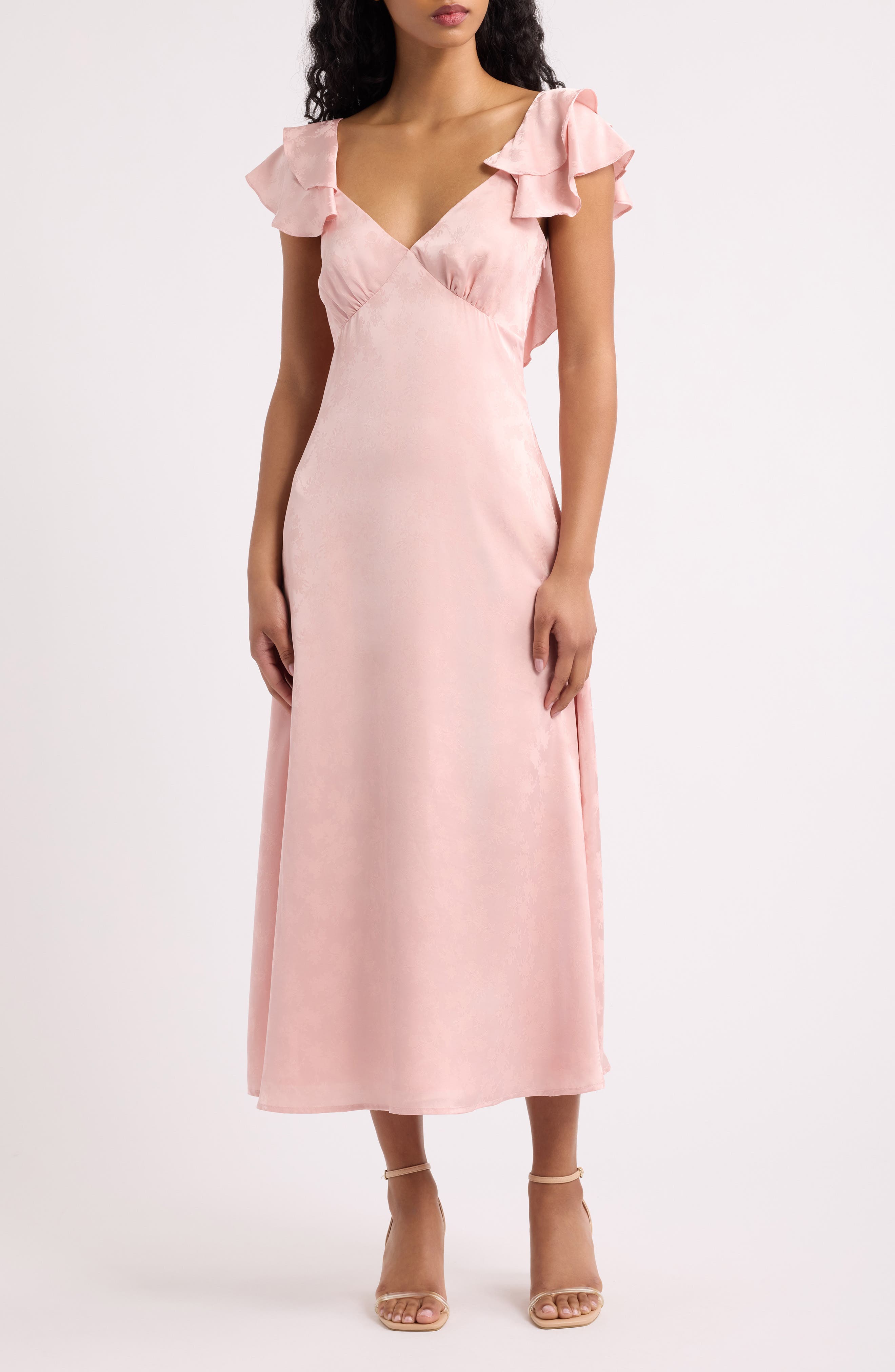 Sinclair Flutter Sleeve Satin Midi Dress
