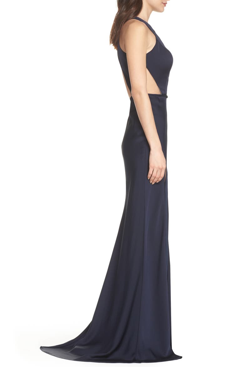 Cutout Detail Satin Trumpet Gown, Alternate, color, NAVY