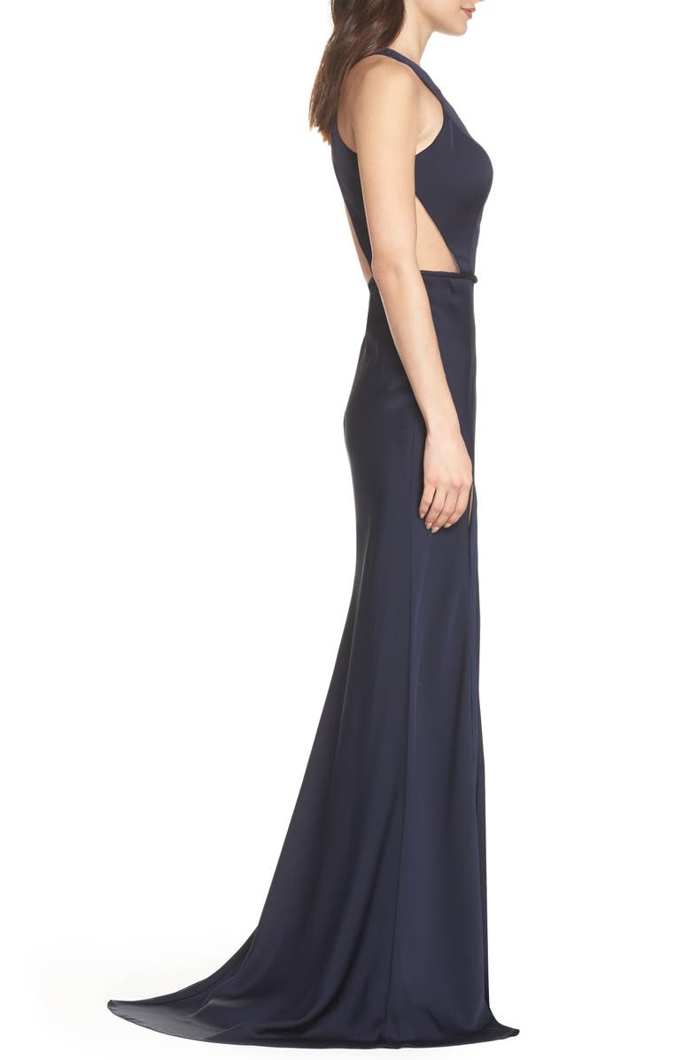 La Femme Cutout Detail Satin Trumpet Gown, Alternate, color, 