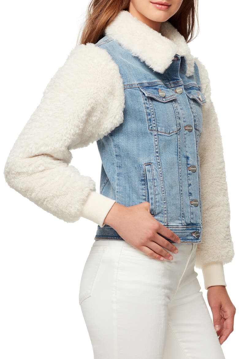 Minka Faux Shearling & Denim Trucker Jacket, Alternate, color, HERON W. FUR COLLAR / SLVS