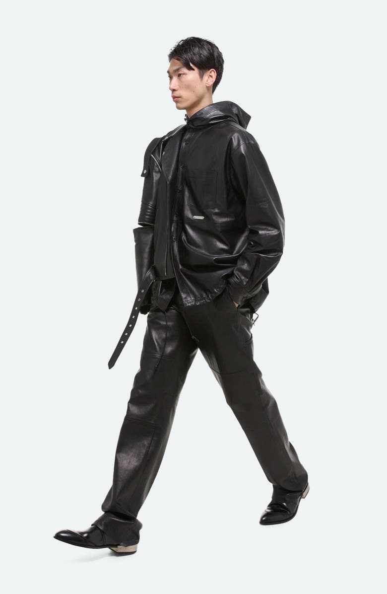 Helmut Lang Hoodie Lambskin Leather Button-Up Shirt, Alternate, color, 