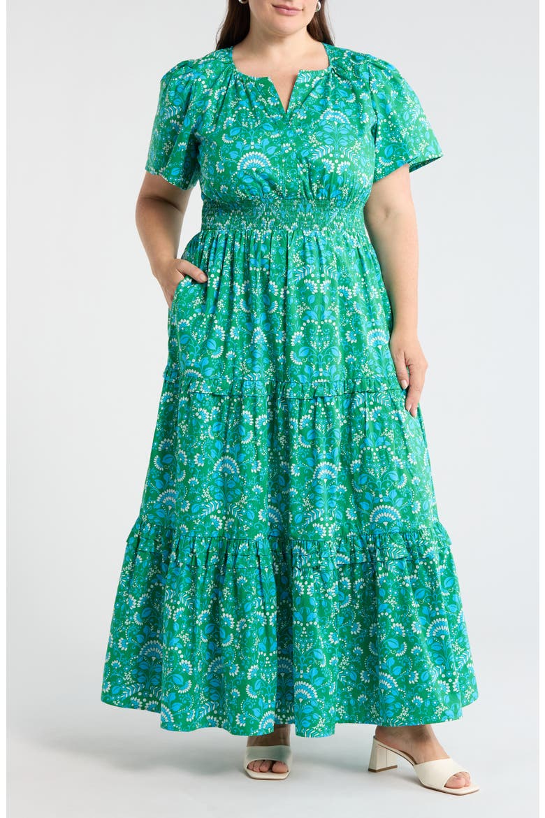 Alina Floral Palmer Tiered Cotton Maxi Dress, Main, color, KELLY-CERULEAN