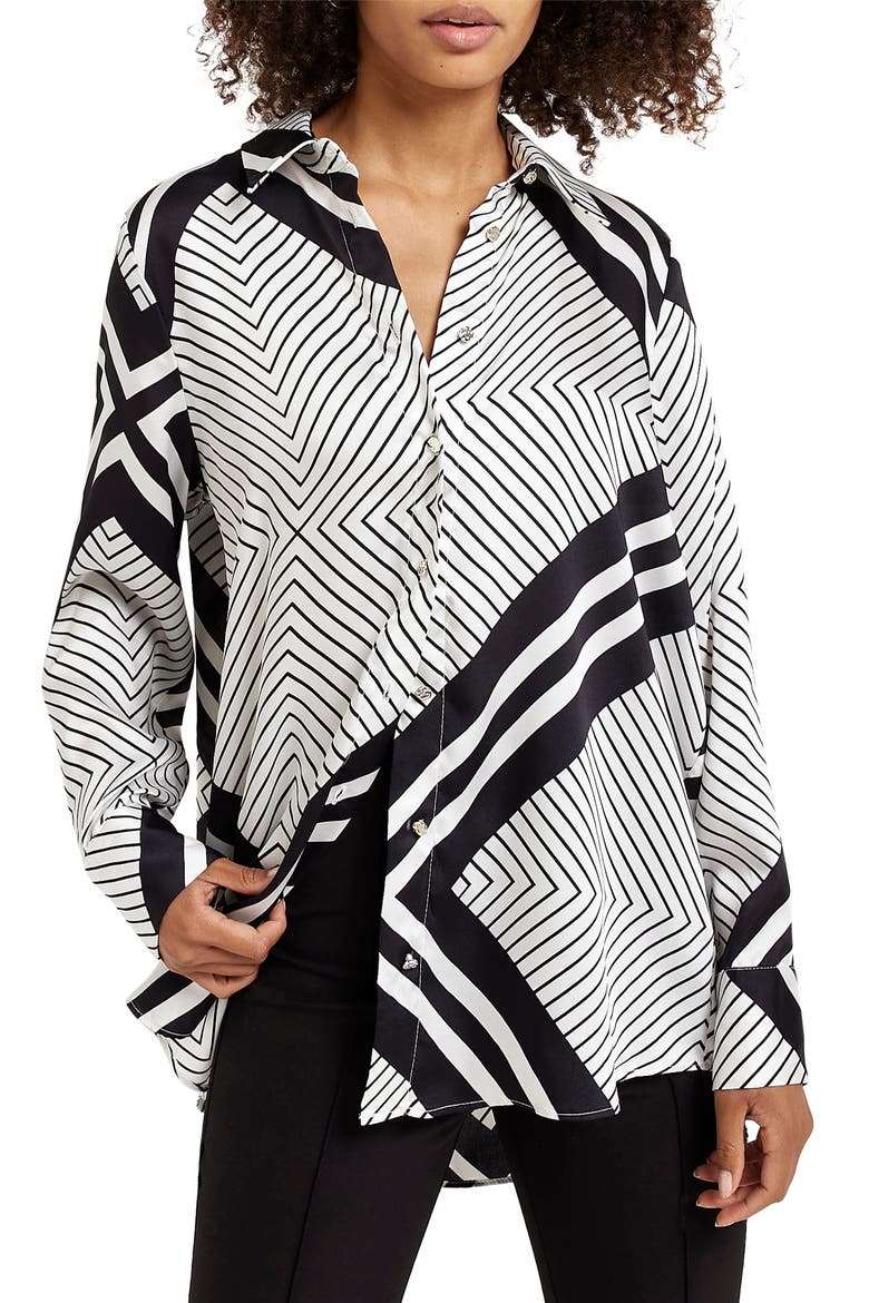 Boyfriend Satin Button-Up Shirt, Main, color, BLACK