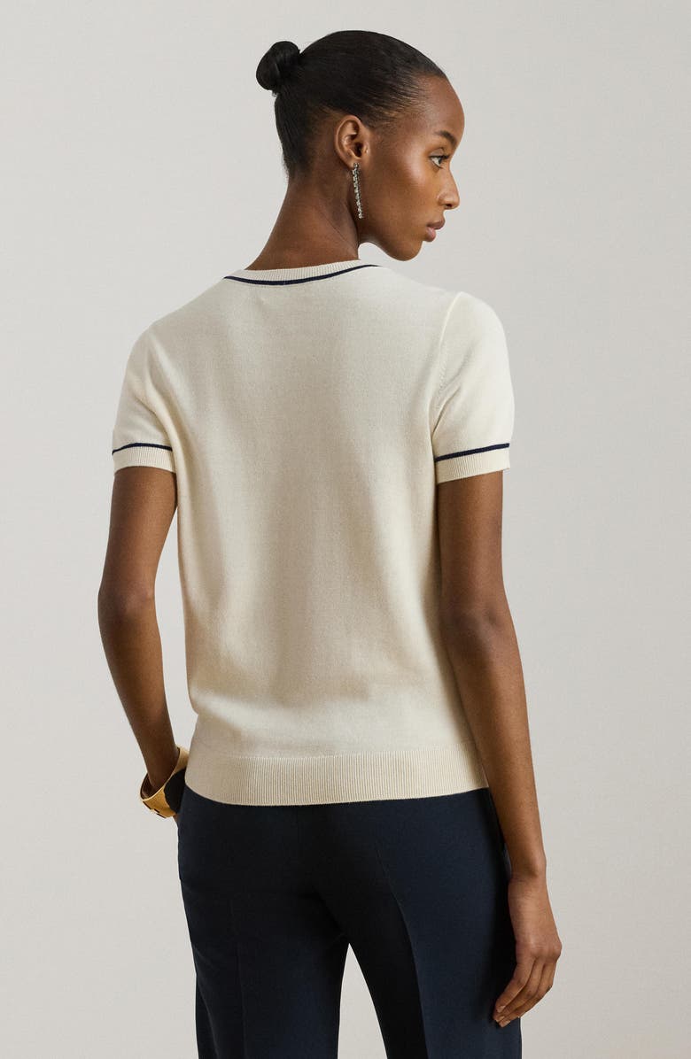 Lauren Ralph Lauren Tipped Short Sleeve Crewneck Sweater, Alternate, color, Mascarpone Cream/ Refined Navy