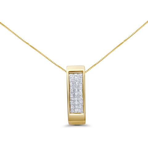 14K Gold 1/2 Cttw Princess Cut Diamond Vertical Bar Block Pendant 18" Necklace