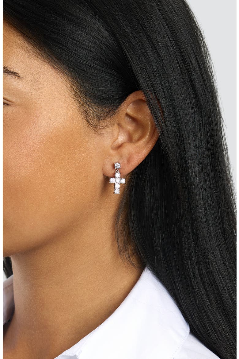 Cross Drop Earrings, Alternate, color, SILVER