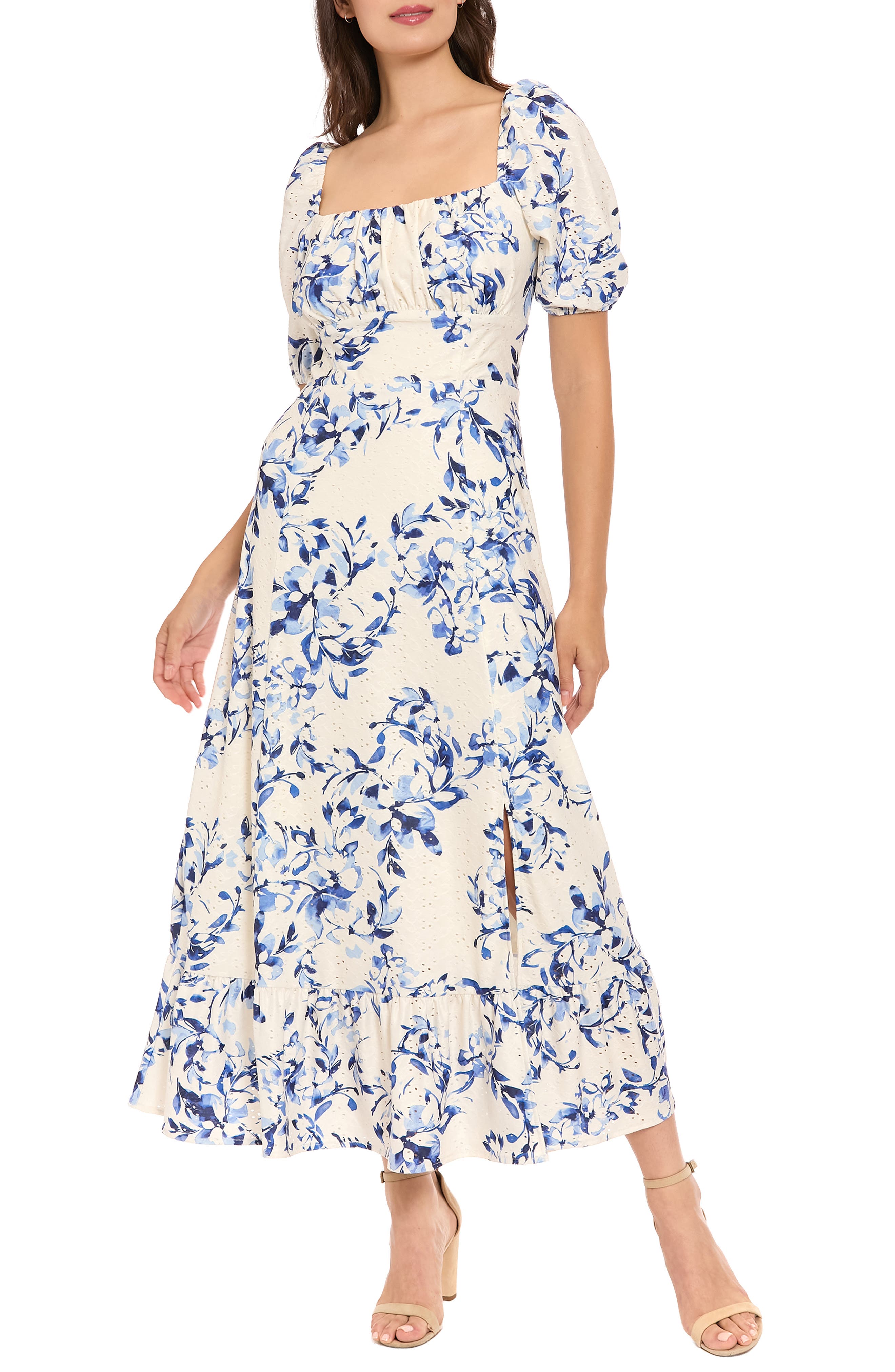 London Times Floral Puff Sleeve Empire Waist Midi Dress